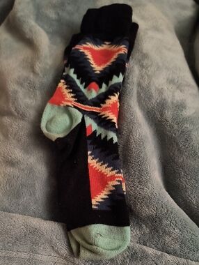 Men's Patterned Crew Socks - Black with Red & Mint Accents